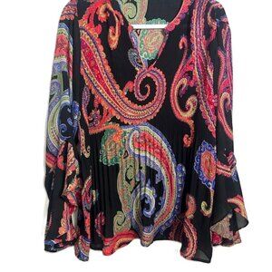 Ladies Blouse Large Black Multicolor Flared Sleeves Accordion Pleats read